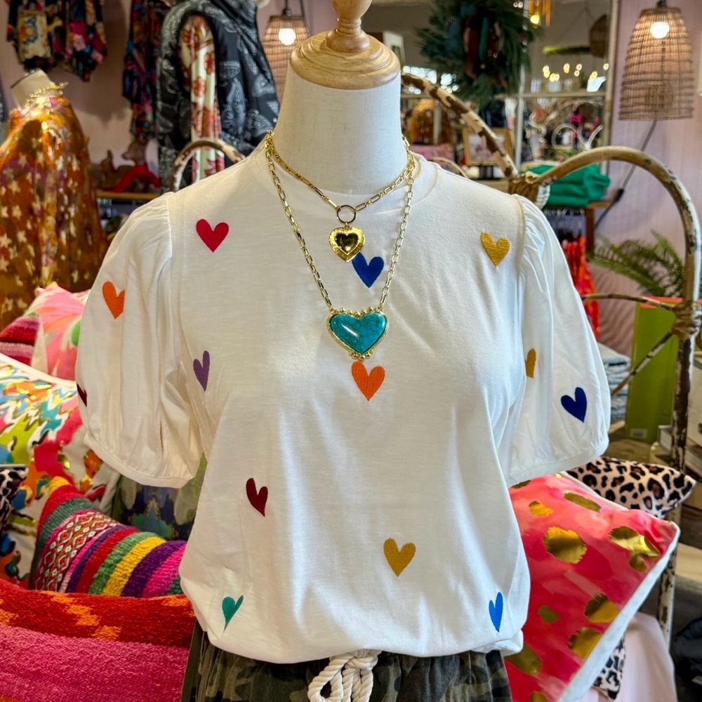 THML White Tee with Multicolor Embroidered Hearts and Puff Sleeves